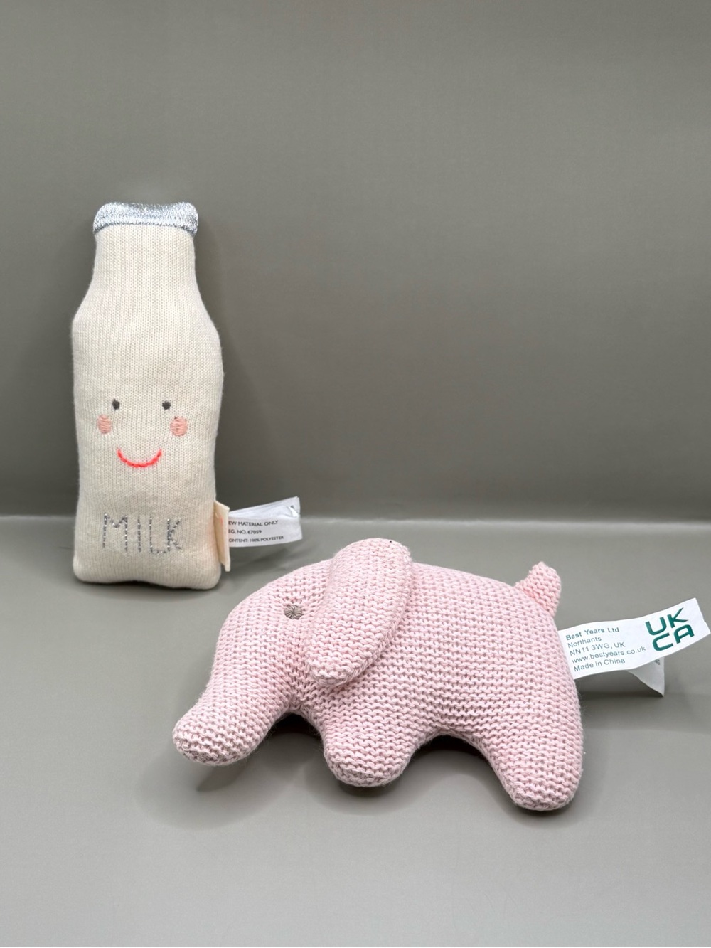 Meri Meri Milk Baby Rattle and Best Years Crochet Elephant Lot